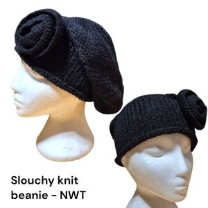 Slouchy Knit Beanie with Rosette - Black